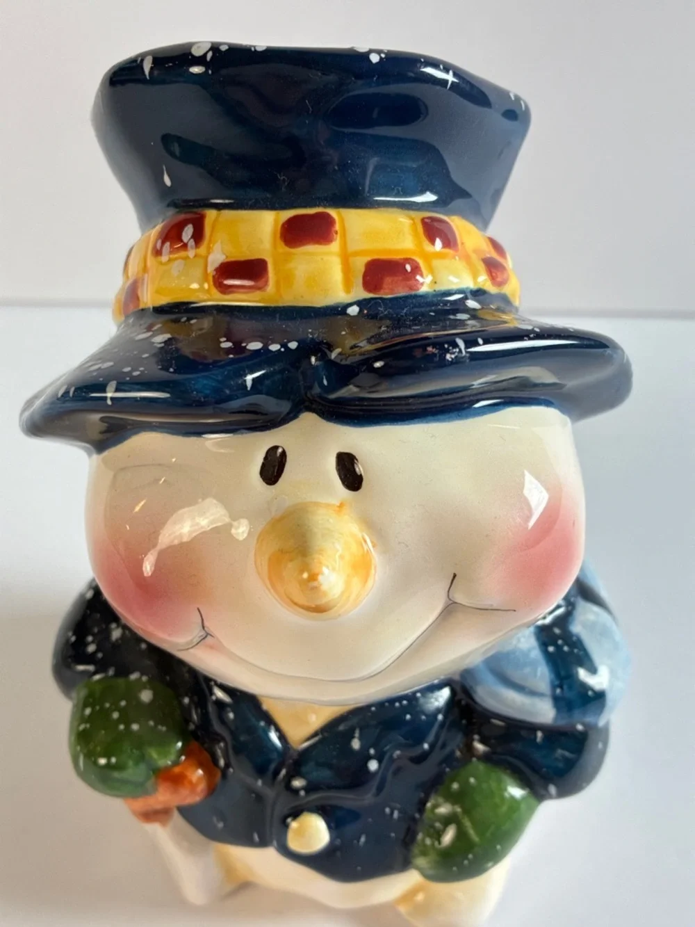 Ceramic Snowman Canister  Figurine with Navy Hat and Green Mittens